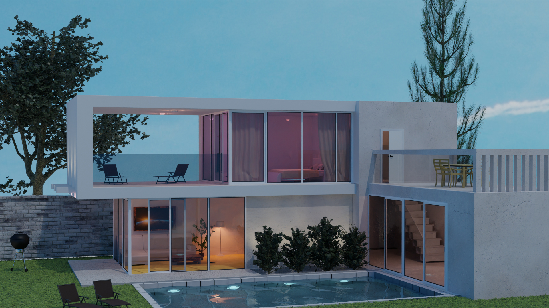 Rendu 3D d'une maison moderne à toit plat avec piscine 